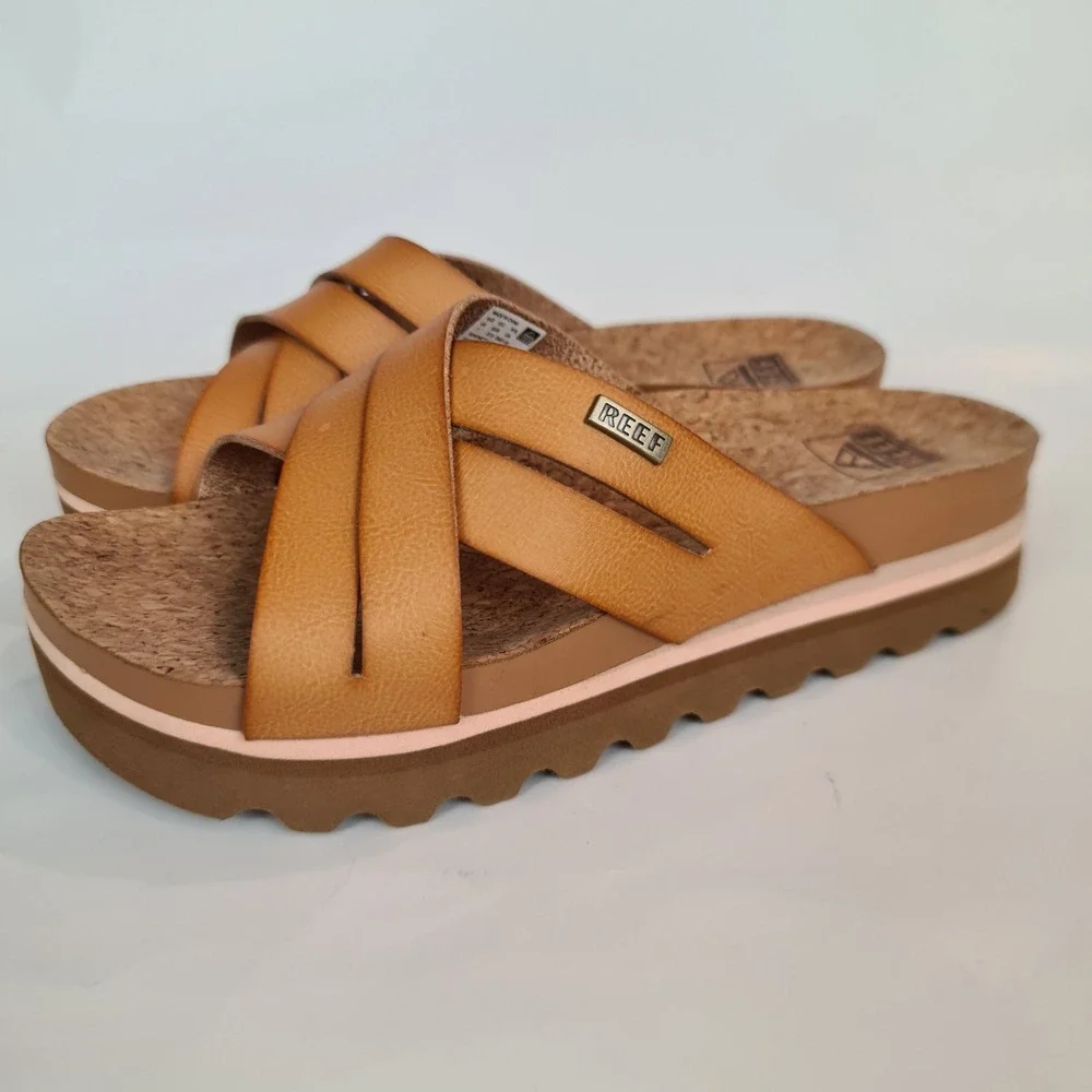 Reef Cushion Bloom Hi Womens Tan Platform Slide Sandals Size 7 Chunky Cork